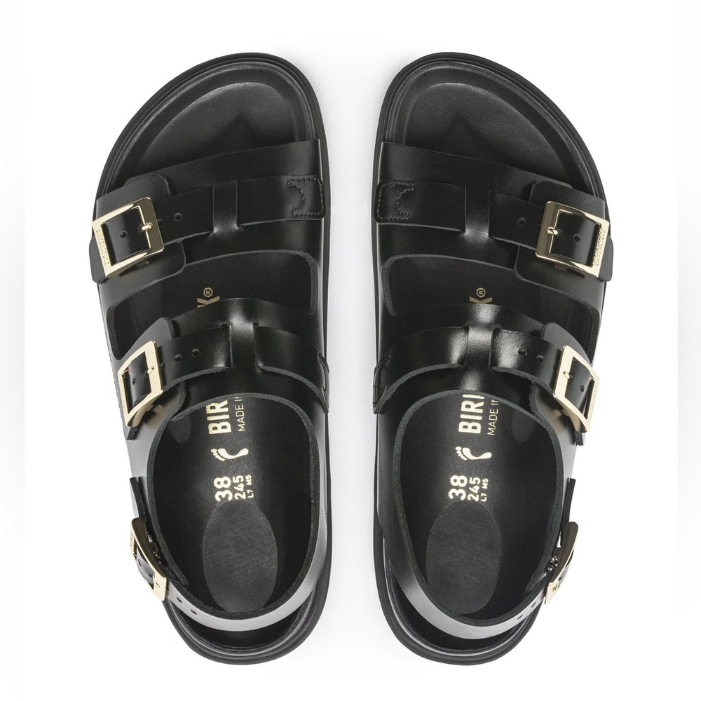 Birkenstock Canne Black Sandals with Gold Buckles - Size 39